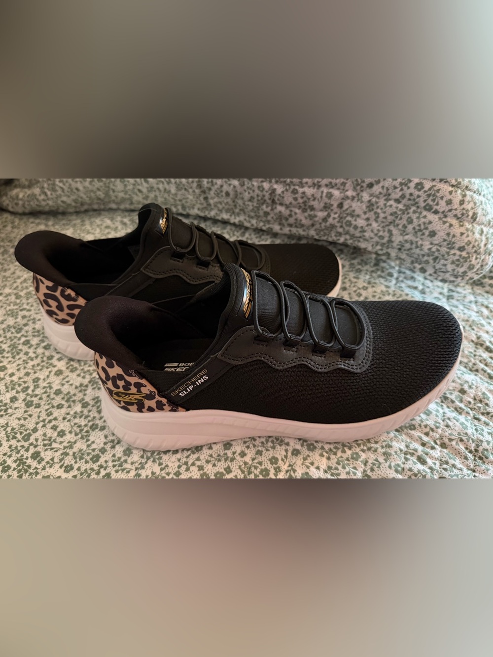Skechers Slip In Shoes - Size 7-1/2M - Black with Animal Print Detail